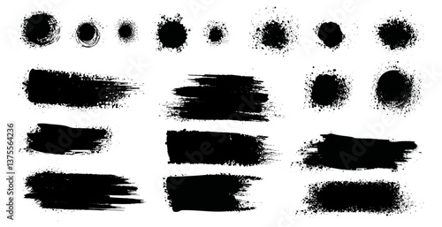Diverse grunge painting set, distressed aesthetic. Vector spray or brush strokes, brushstroke, ink callouts for text paint and splashes. Lines and dots with grainy, dust, spray effect