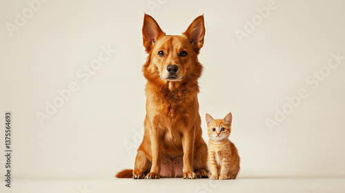 white background, one big orange dog and one little orange cat, sitting and looking on camera 