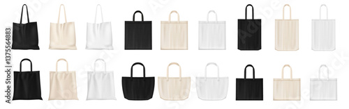 Canvas bags collection, isolated mockups of fabric totes. Vector cloth totebags with handles. Cotton eco handbags templates. Reusable carryall for shopping. Blank mock for shopper. Ecobag for grocery