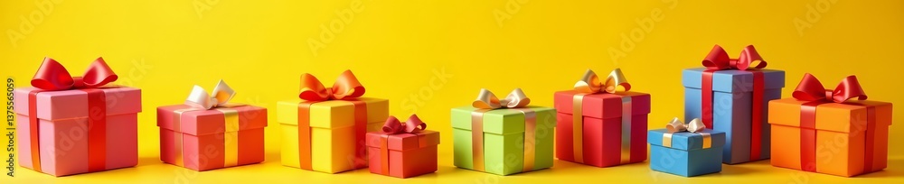 Obraz premium Assorted vibrant gift boxes on yellow backdrop for special occasions, backdrop, present, celebration