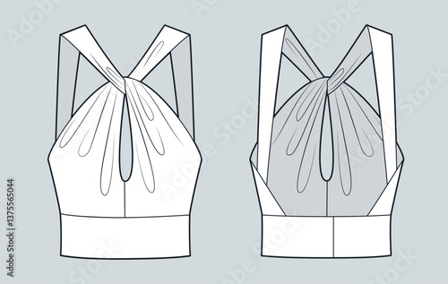 Women Twist Halter Top Technical Fashion Illustration. Cropped Top fashion flat technical drawing template, draping, slim fit, front and back view, white, women CAD mockup.