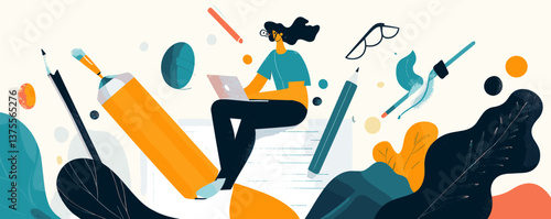 Creative designer working on laptop surrounded by art tools and abstract shapes - vector.