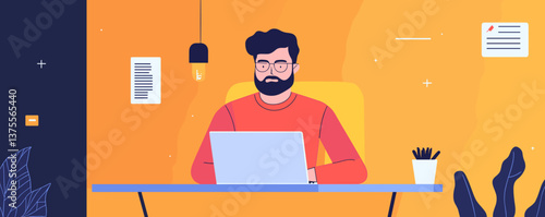 Male professional working on laptop in home office, modern workspace design, vector.