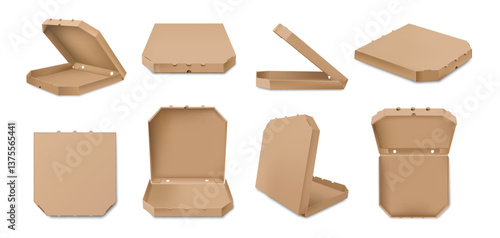 Mockup carton pizza boxes for fastfood and tasty snacks. Vector realistic style, set of packages with copy space, different angles and view. Order tasty meal, takeaway and delivery services
