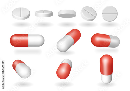 Capsules and pills prescribed for patient. Vector in 3d style, isolated set of blank tablets and drugs for medical company copy space. Healthcare and pharmacy products, ads of antibiotics or supplemen