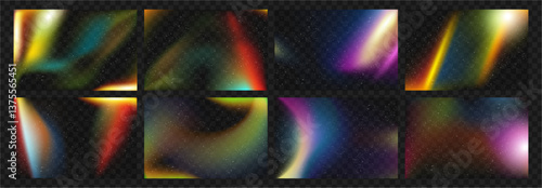 Ombre and gradient colored flashes set. Vector realistic retro photo effect collection. Colorful blend splashes and fluids. Bright and vivid radiant forms, contemporary design and artwork