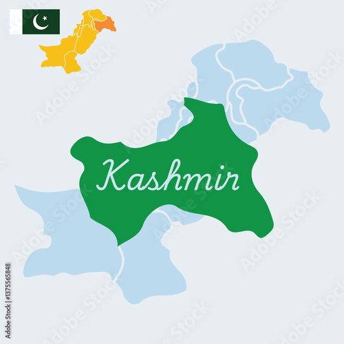 Flat and clean vector illustration of Pakistan map with Azad Jammu and Kashmir (AJK) region highlighted, featuring the national flag of Pakistan. This editable vector is ideal for educational use, pol