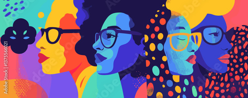 Colorful abstract portraits of diverse women with glasses - vector.