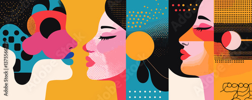 Abstract pop art faces with bold colors and patterns - vector.