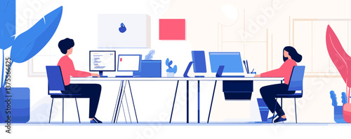 Modern office workspace with two employees working at desks and computers - vector.