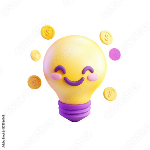 Cheerful light bulb icon with a smile and coins surrounding it, symbolizing bright ideas and financial success suitable for app design.