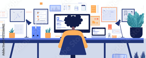 Creative workspace with person at desk, computer screens, and wall decor - vector.