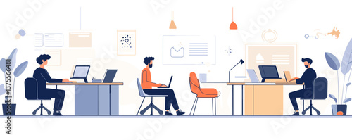 Modern office space with diverse professionals working on laptops and pcs, minimalist design vector.