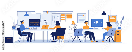 Office team collaborating in modern workspace with computers and laptops - vector.
