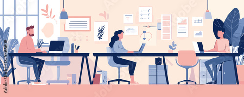 Modern office space with people working at desks and laptops - vector.