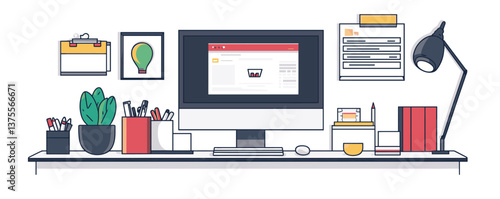 Modern workspace with computer and office supplies on desk, organized layout - vector.
