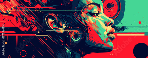 Abstract colorful geometric portrait of woman with futuristic elements – vector.