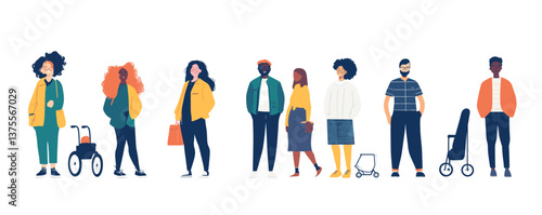 Diverse group of people standing together in various outfits and styles - vector.