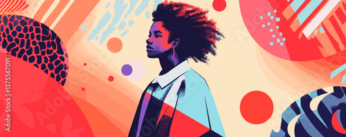 Vibrant abstract portrait with bold colors and patterns, young woman, creative design vector.