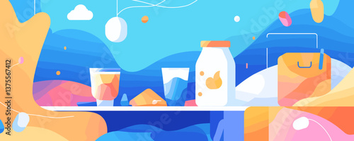 Abstract breakfast table with drinks and food in vibrant colors - vector.