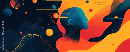 Abstract cosmic journey with silhouette and vibrant colors, space exploration vector.