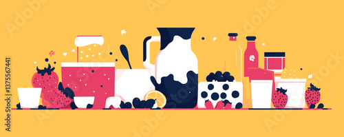 Assorted berry and dairy products arrangement with milk, juice, and fruits - vector.