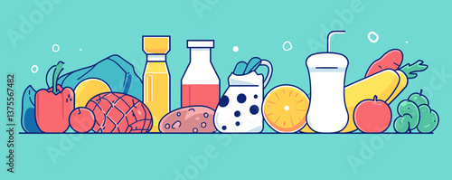 Fresh food and drinks assortment with vegetables, fruits, and beverages - vector.
