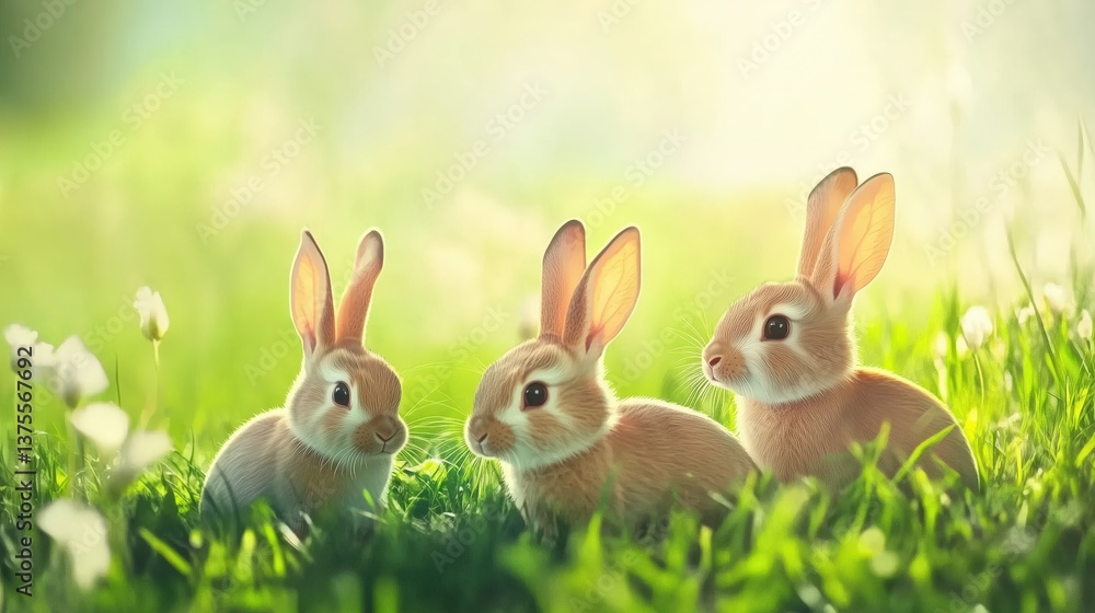 Obraz premium Three rabbits are sitting in a grassy field. Easter