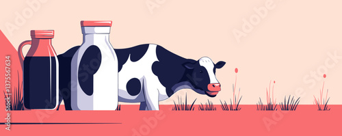 Cow and milk bottles in pasture with grass, flat art design - vector.