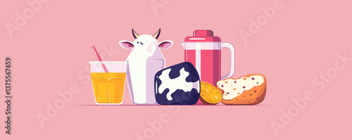 Dairy and fruit themed composition with cow and cheese on pink background - vector.