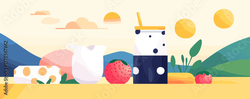 Tropical sunrise with refreshing drink and fruits in scenic landscape - vector.