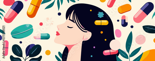 Woman surrounded by colorful capsules and leaves in a vibrant vector.