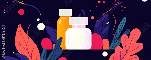 Colorful leaves and bottles with dark background - nature and wellness concept vector.