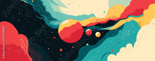 Cosmic abstraction with vibrant waves and red planets in space scene, artistic vector.