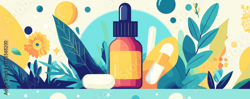 Aromatherapy essentials with dropper bottle and capsules amidst lush botanicals - vector.