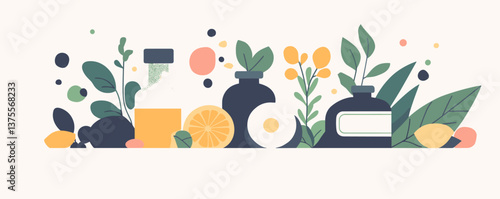Natural cosmetic products with citrus and botanicals in flat design – vector.