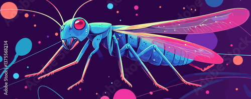 Colorful abstract insect with vibrant wings against dark background - vector.