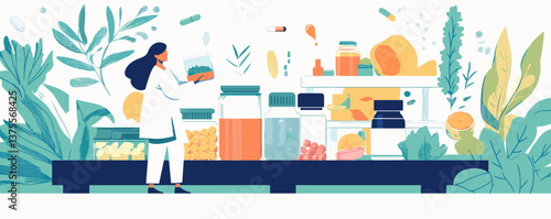 Herbalist packaging natural supplements in organic pharmacy setting vector.
