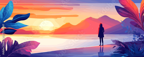 Silhouetted woman enjoying vibrant sunset by ocean with mountains and tropical foliage - vector.
