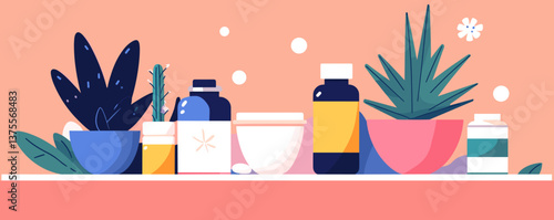 Colorful arrangement of cosmetic and medicinal bottles with plants in flat design - vector.