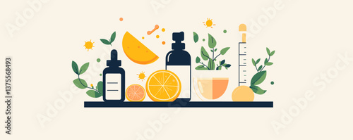 Natural skincare products and citrus elements with plant leaves - vector.