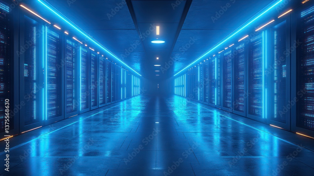 Futuristic Data Server Room with Glowing Blue Neon Lights for Big Data Machine Learning and AI Concepts Futuristic Data Server Room with Glowing Blue Neon Lights for Big Data Machine Learning and AI Concepts