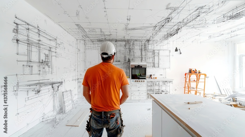 Renovating Kitchen Space with Black-and-White Sketch Elements, Male Builder Observing from Behind, Clean Countertops Ideal for Branding Opportunities Renovating Kitchen Space with Black-and-White Sketch Elements, Male Builder Observing from Behind, Clean Countertops Ideal for Branding Opportunities