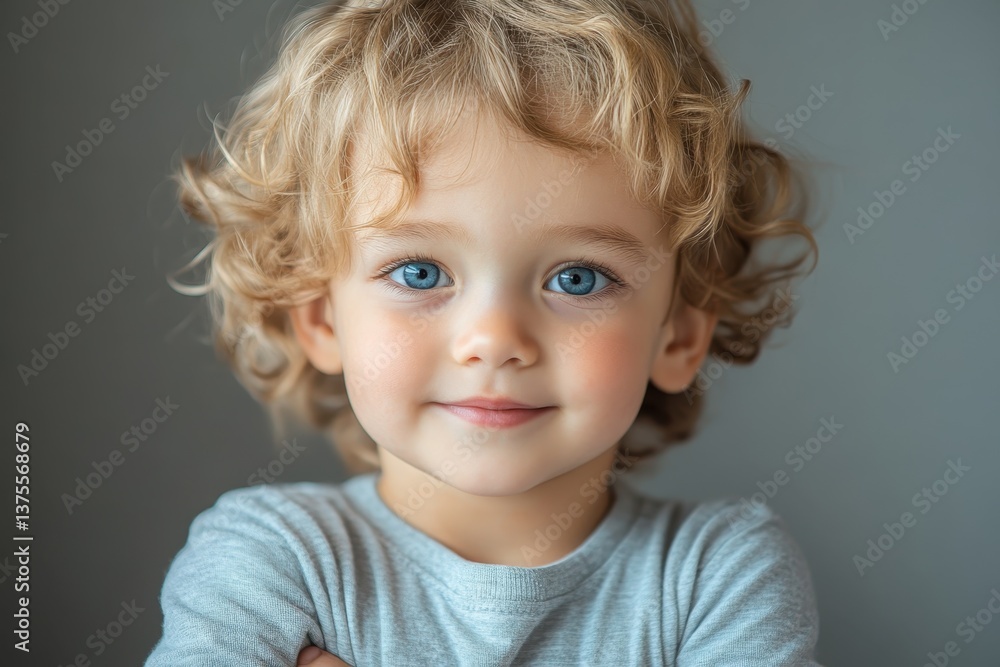 Naklejka premium Young child with curly hair and bright blue eyes smiles warmly against a neutral background