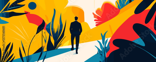 Abstract scenic path with walking man amidst vibrant nature elements, surreal landscape - vector.
