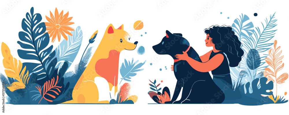 Colorful nature scene: girl with dogs, plants, and leaves vector.