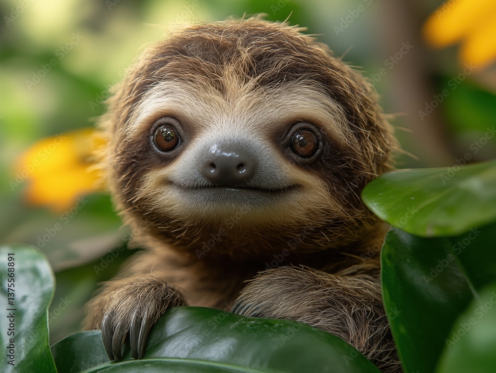 Fototapeta premium A charming sloth relaxing on a tree, captured in a stunning close-up. This adorable creature embodies tranquility and the slow pace of the rainforest.
