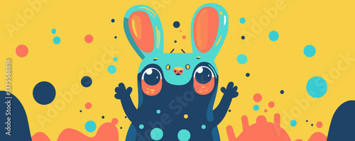 Cute cartoon bunny with colorful polka dots in playful abstract background vector.