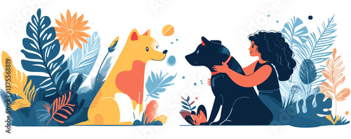 Obraz na płótnie Colorful nature scene: girl with dogs, plants, and leaves vector. w salonie