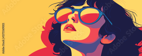 Colorful portrait of a woman with sunglasses looking up, retro style - vector.